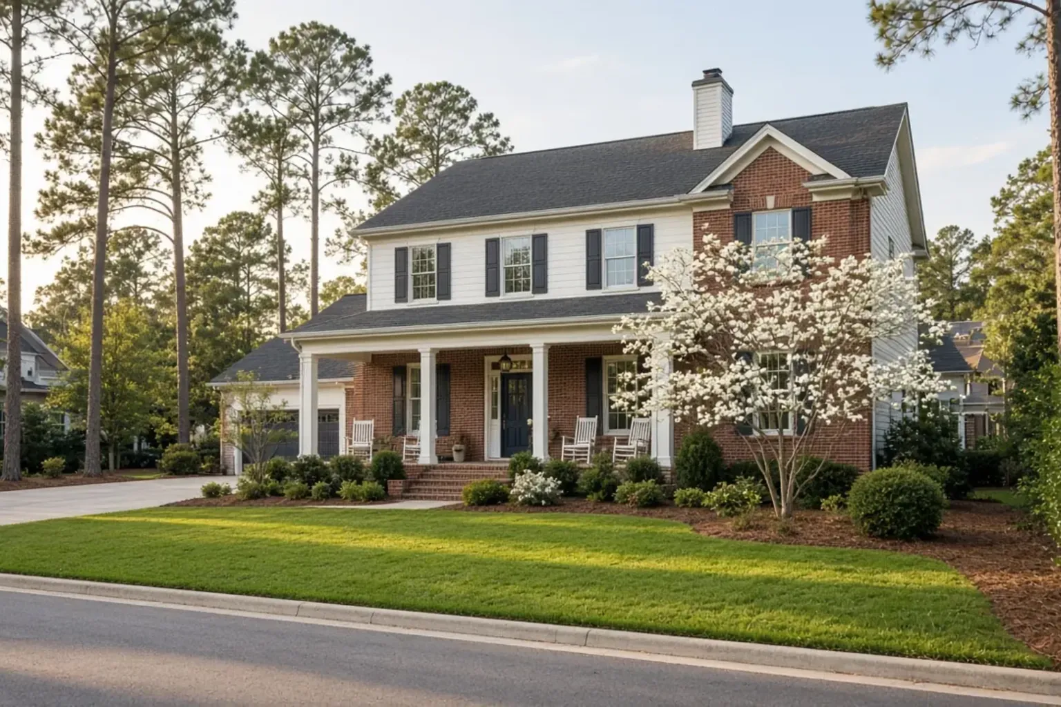 Georgia two-story brick home with covered porch under tall pines (placeholder, not a real listing)