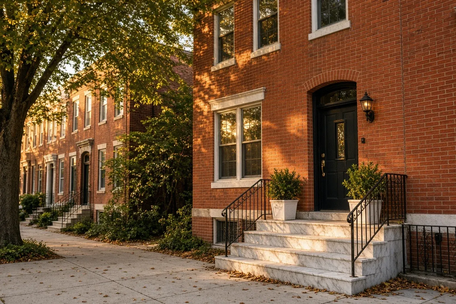 Red-brick rowhouse with white marble front steps on a tree-lined Maryland street