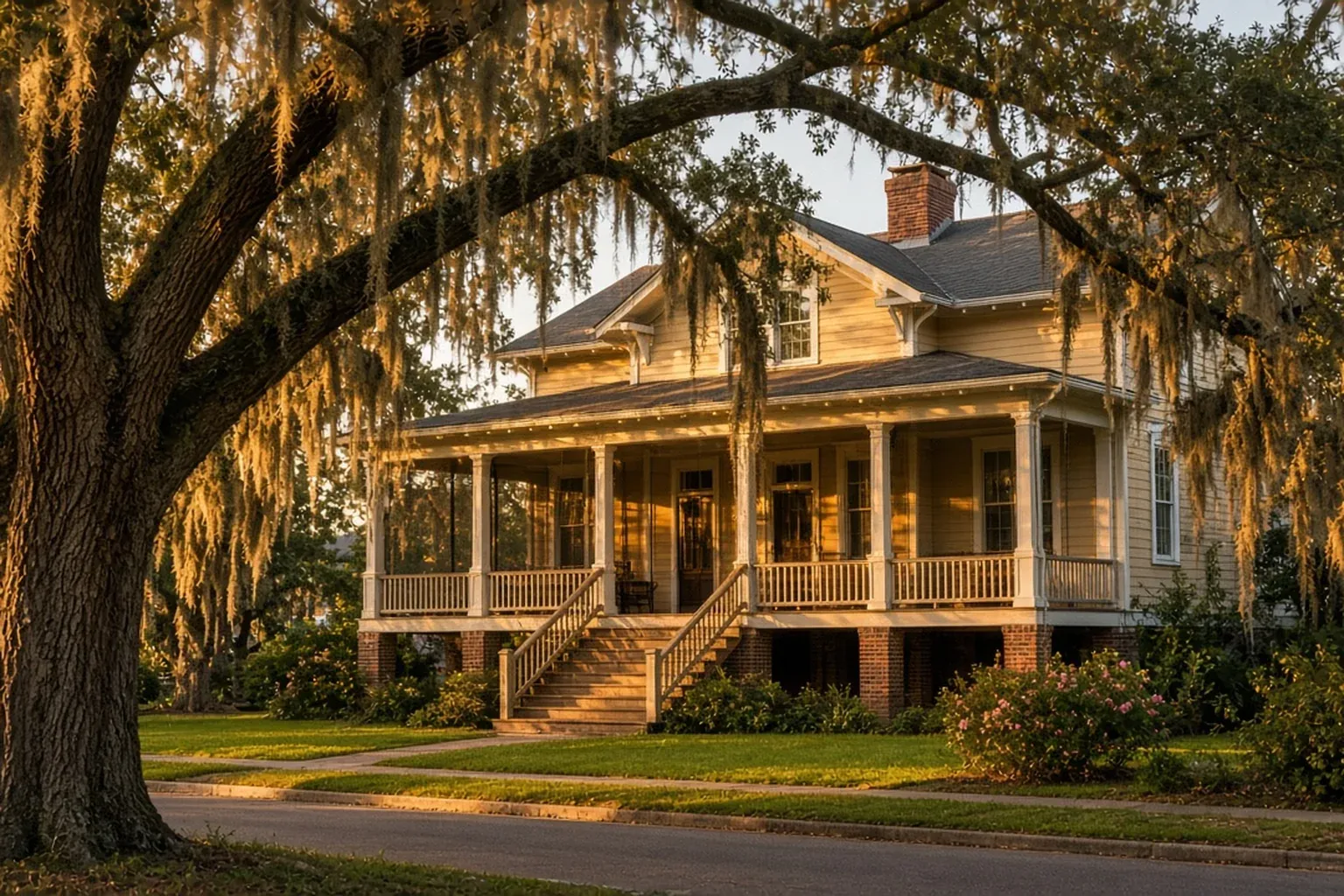 Two-story Southern home with a wraparound porch under moss-draped live oaks in Mississippi