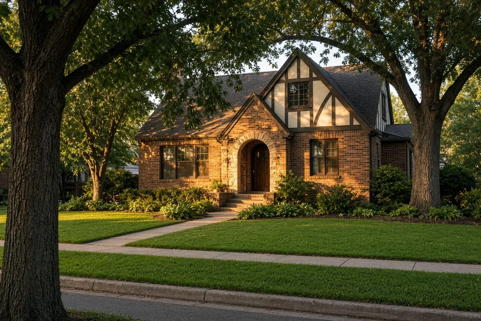 Stone and half-timbered Tudor-style home with an arched doorway on a tree-lined Missouri street
