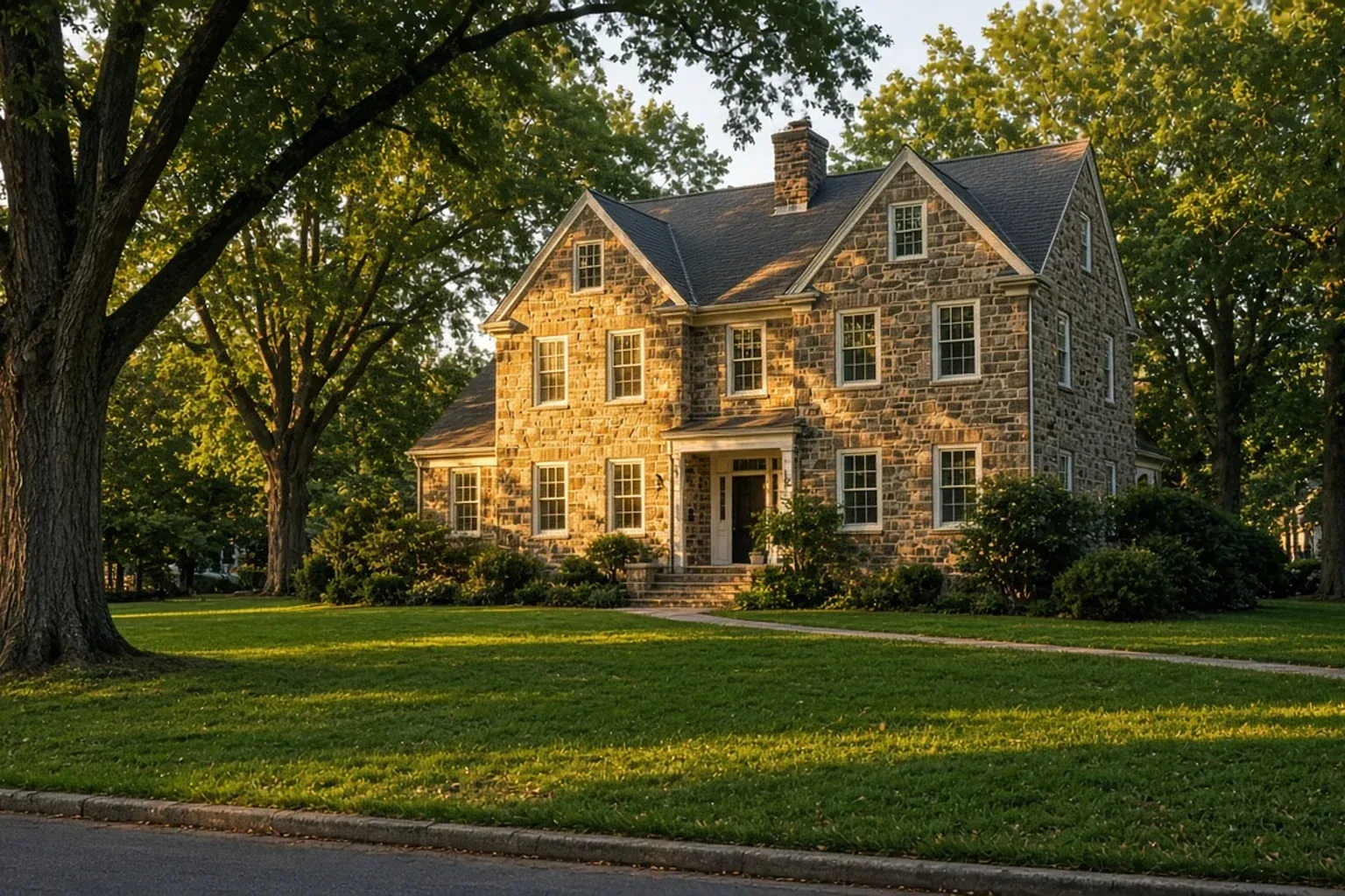 Fieldstone Colonial home with a slate roof under mature shade trees in Pennsylvania