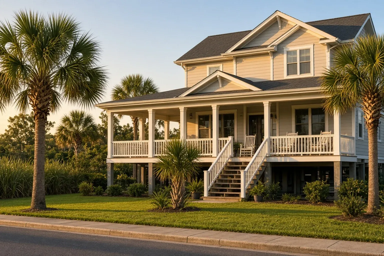 Raised Lowcountry home with double front porches and palmetto trees in South Carolina