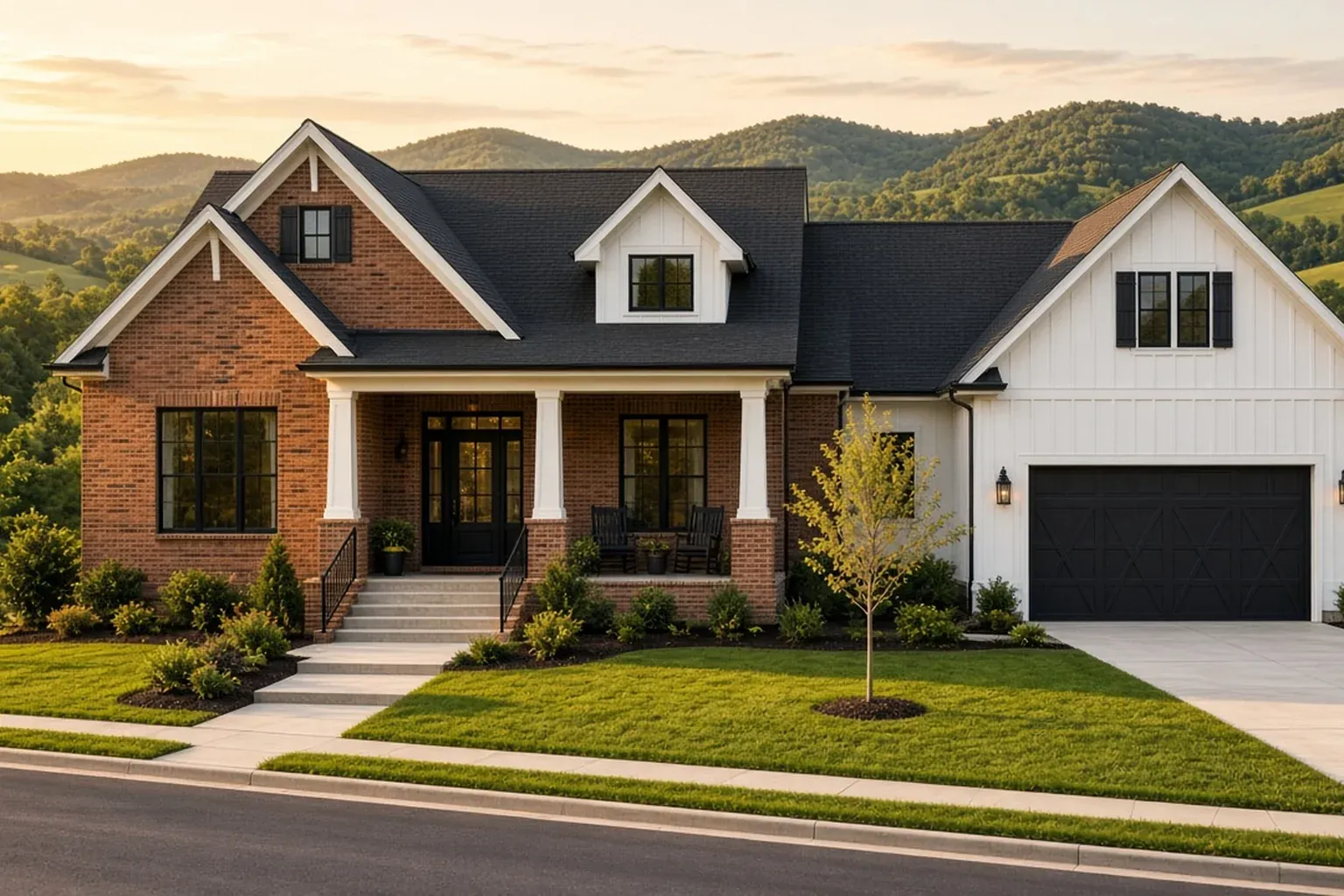 Brick and white board-and-batten farmhouse-style home with green hills behind it in Tennessee