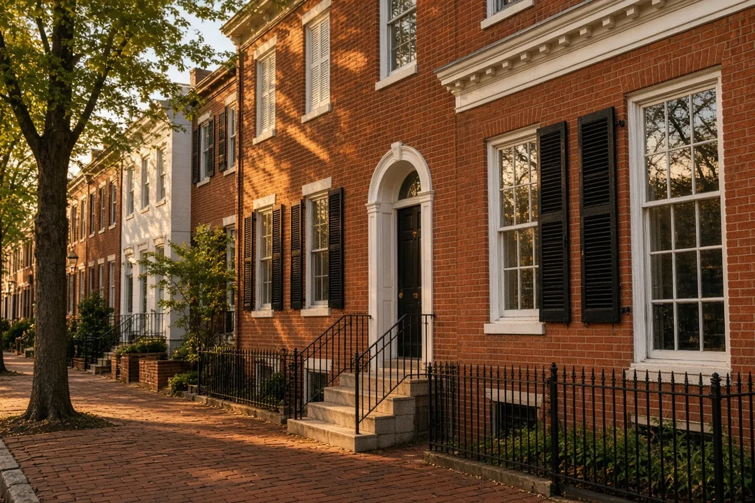 Red-brick rowhouses with black shutters and iron railings on a brick sidewalk in Washington, DC