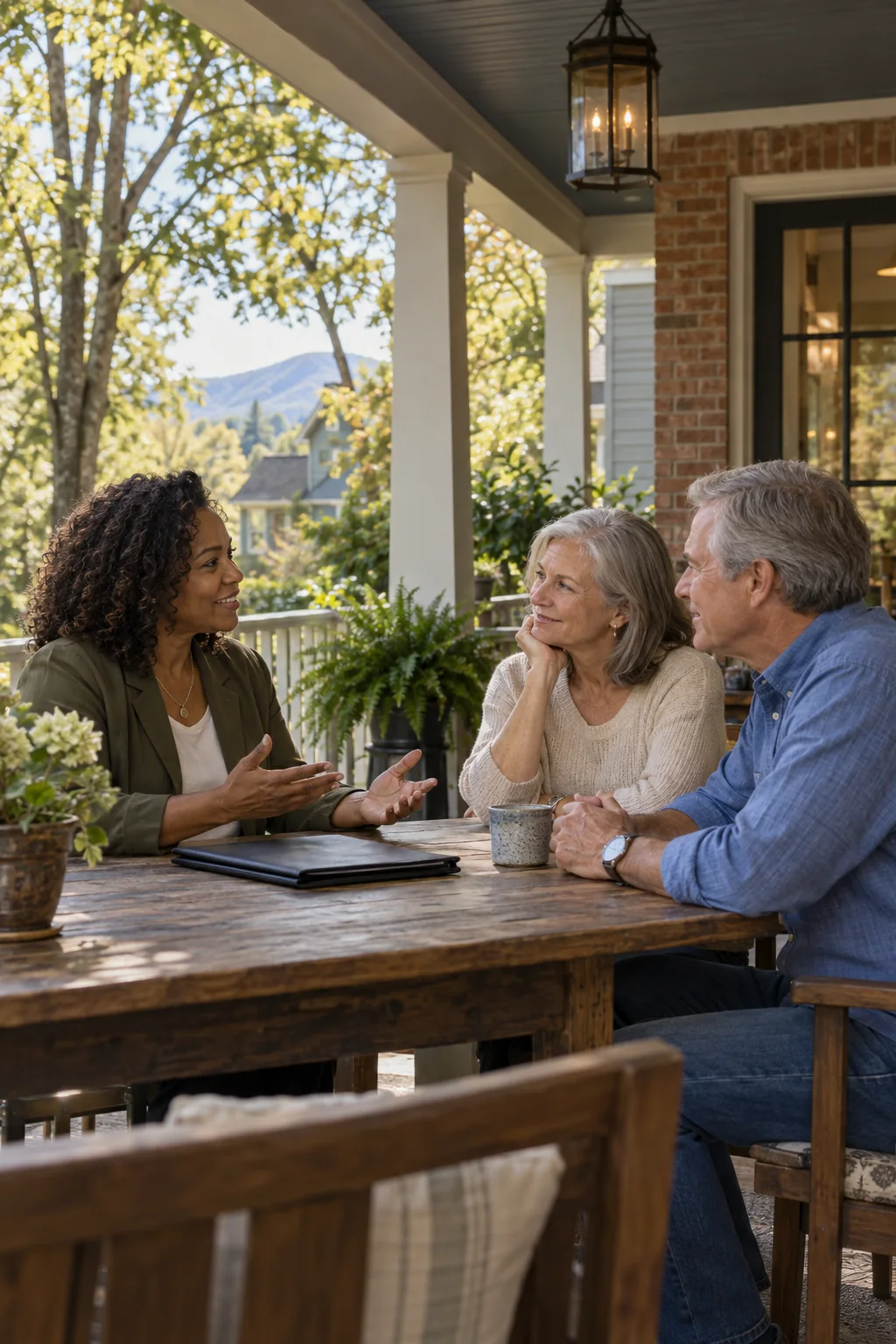 Illustrative scene of an agent discussing a home sale with homeowners