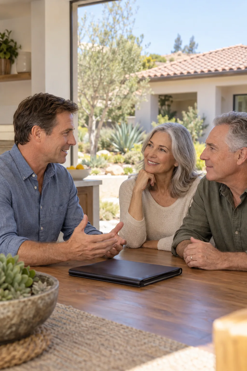 Illustrative scene of an agent discussing a home sale with homeowners