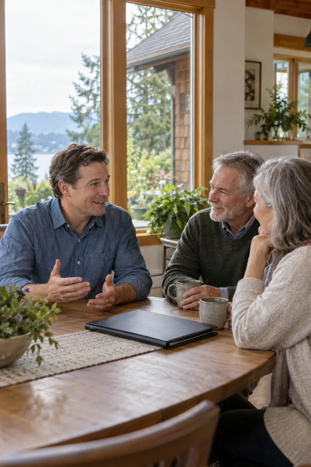 Illustrative scene of an agent discussing a home sale with homeowners
