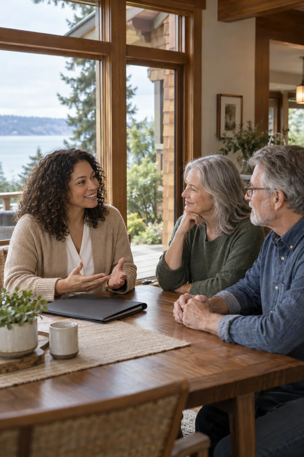 Illustrative scene of an agent discussing a home sale with homeowners