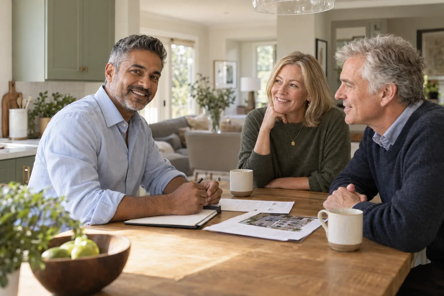 Illustrative scene of a real estate professional talking with homeowners
