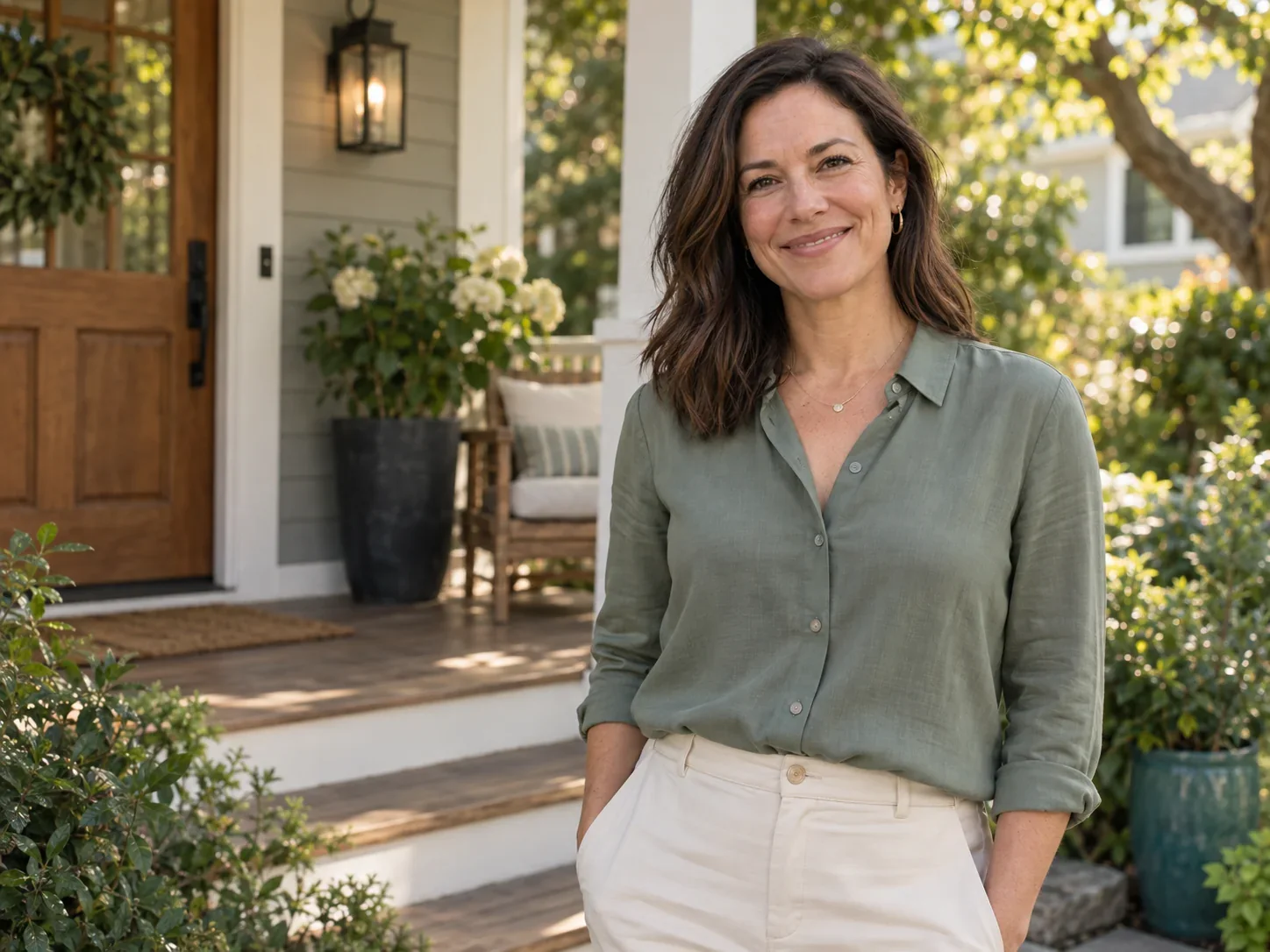 Illustrative portrait of a friendly real estate professional on a sunny porch