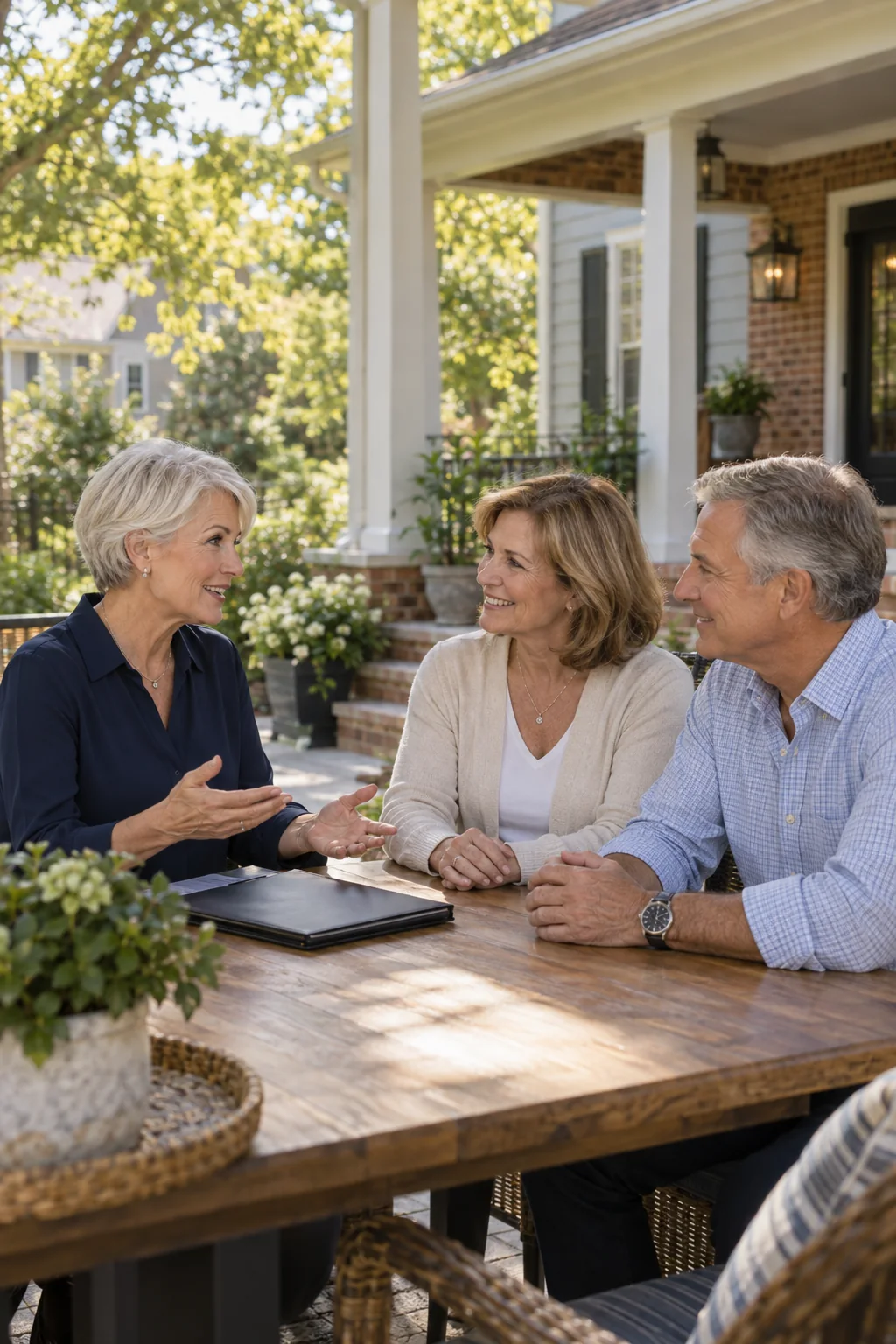 Illustrative scene of an agent discussing a home sale with homeowners