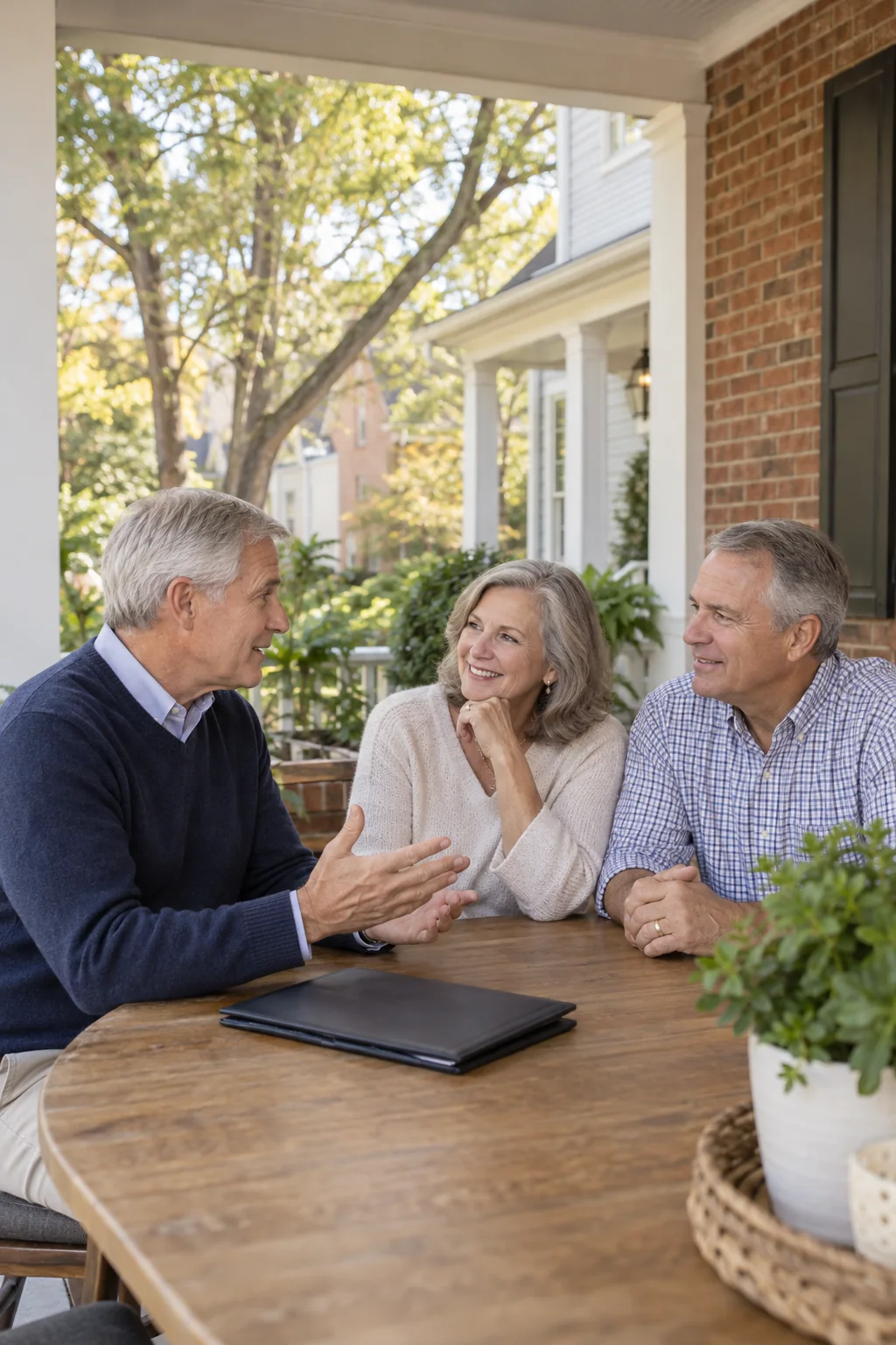 Illustrative scene of an agent discussing a home sale with homeowners