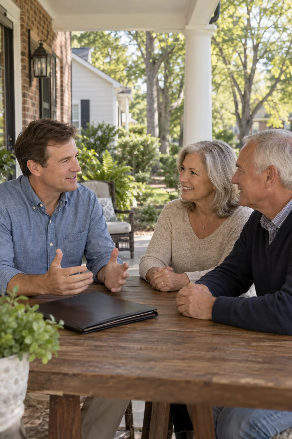 Illustrative scene of an agent discussing a home sale with homeowners