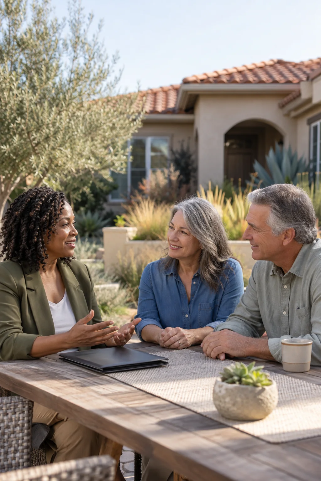 Illustrative scene of an agent discussing a home sale with homeowners