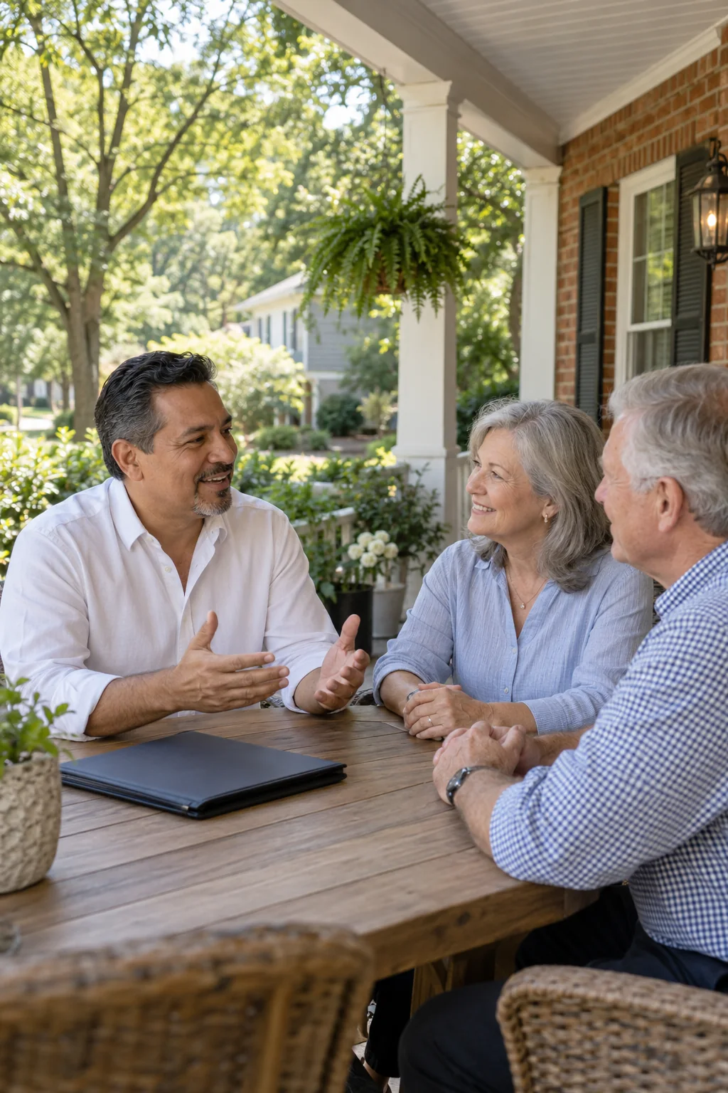 Illustrative scene of an agent discussing a home sale with homeowners