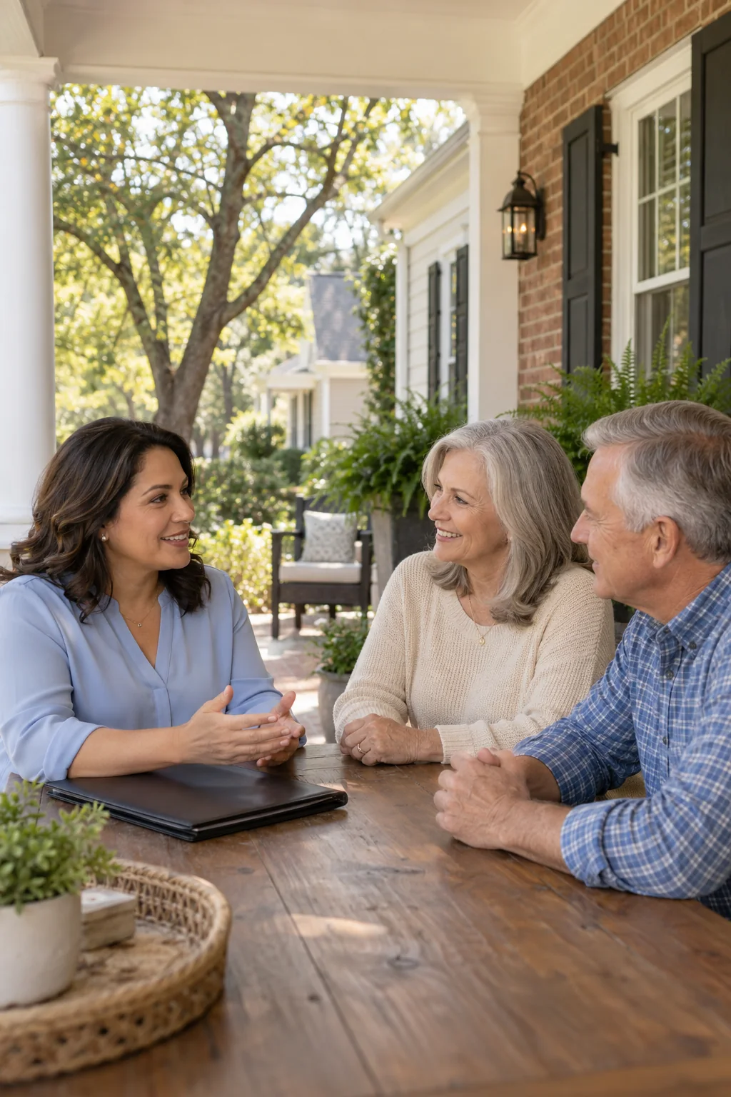 Illustrative scene of an agent discussing a home sale with homeowners