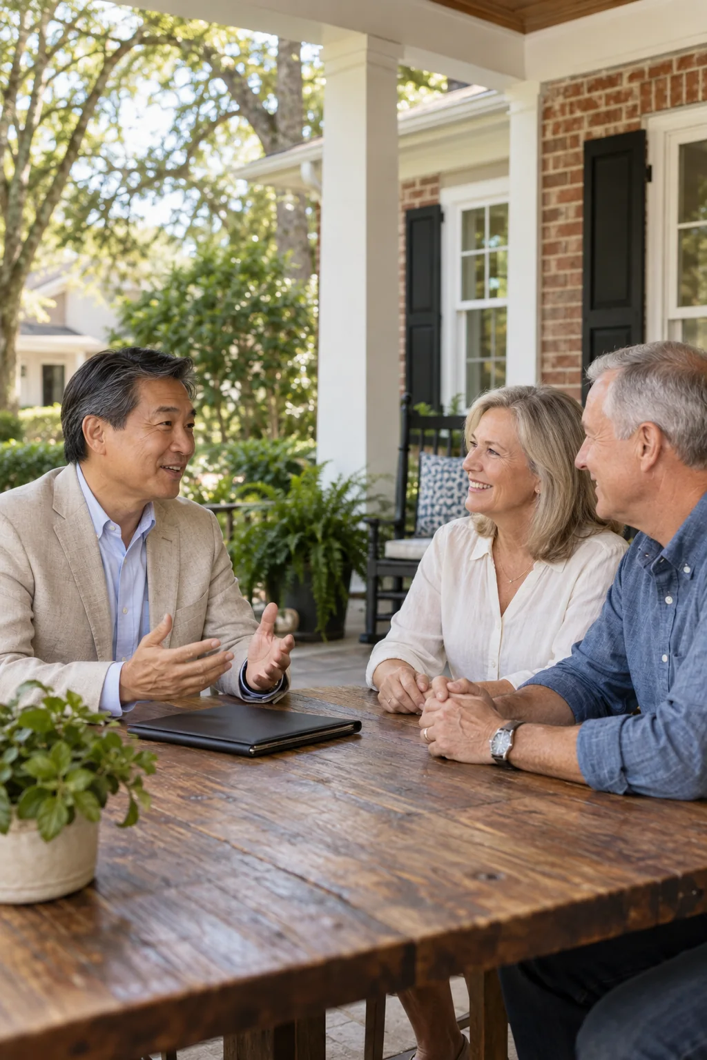 Illustrative scene of an agent discussing a home sale with homeowners