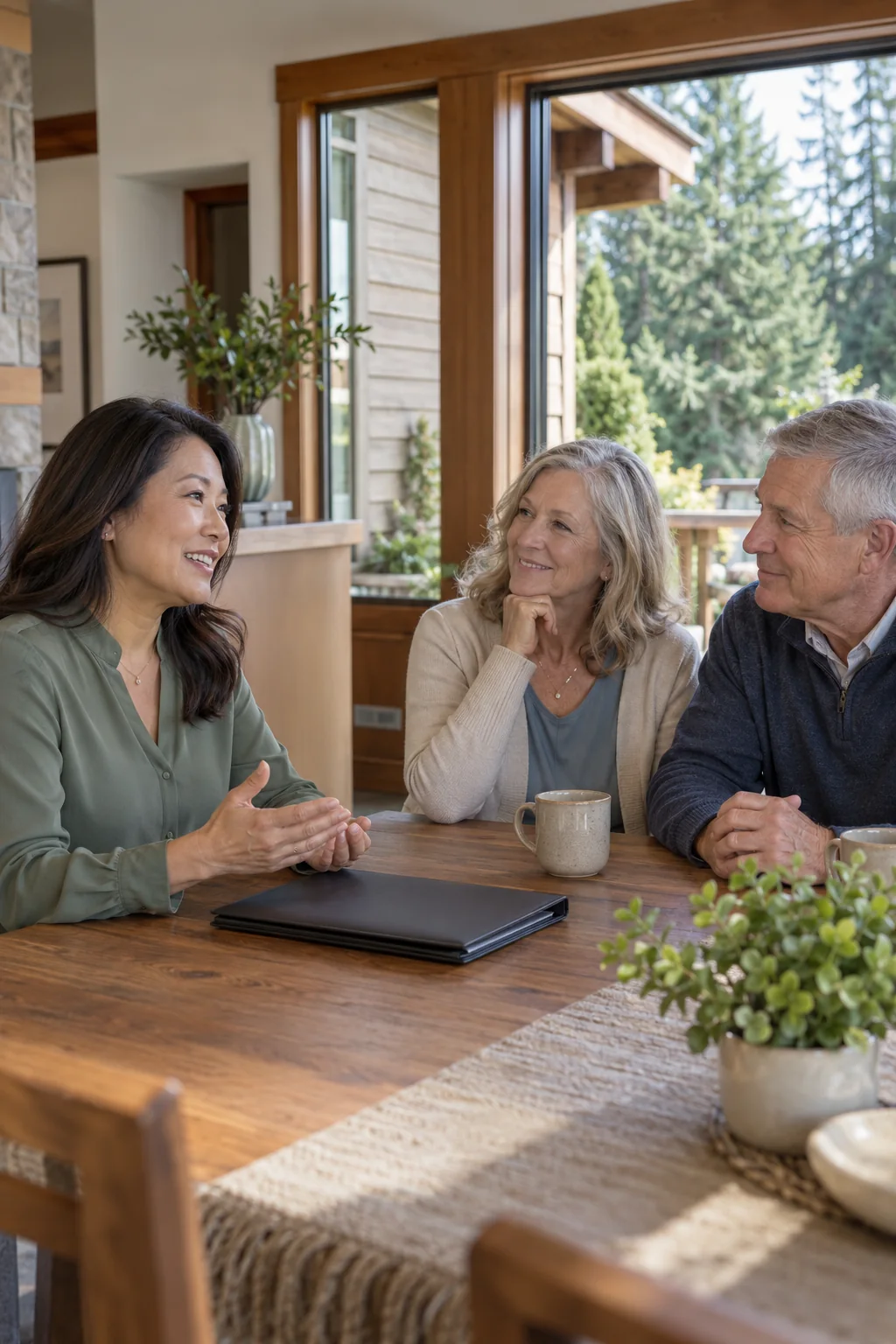 Illustrative scene of an agent discussing a home sale with homeowners