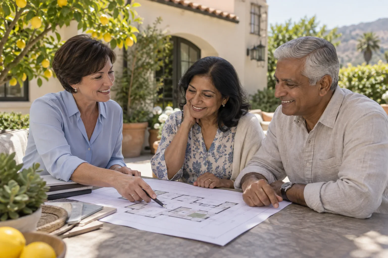 Illustrative scene of an agent and homeowners discussing a floor plan on a sunny patio