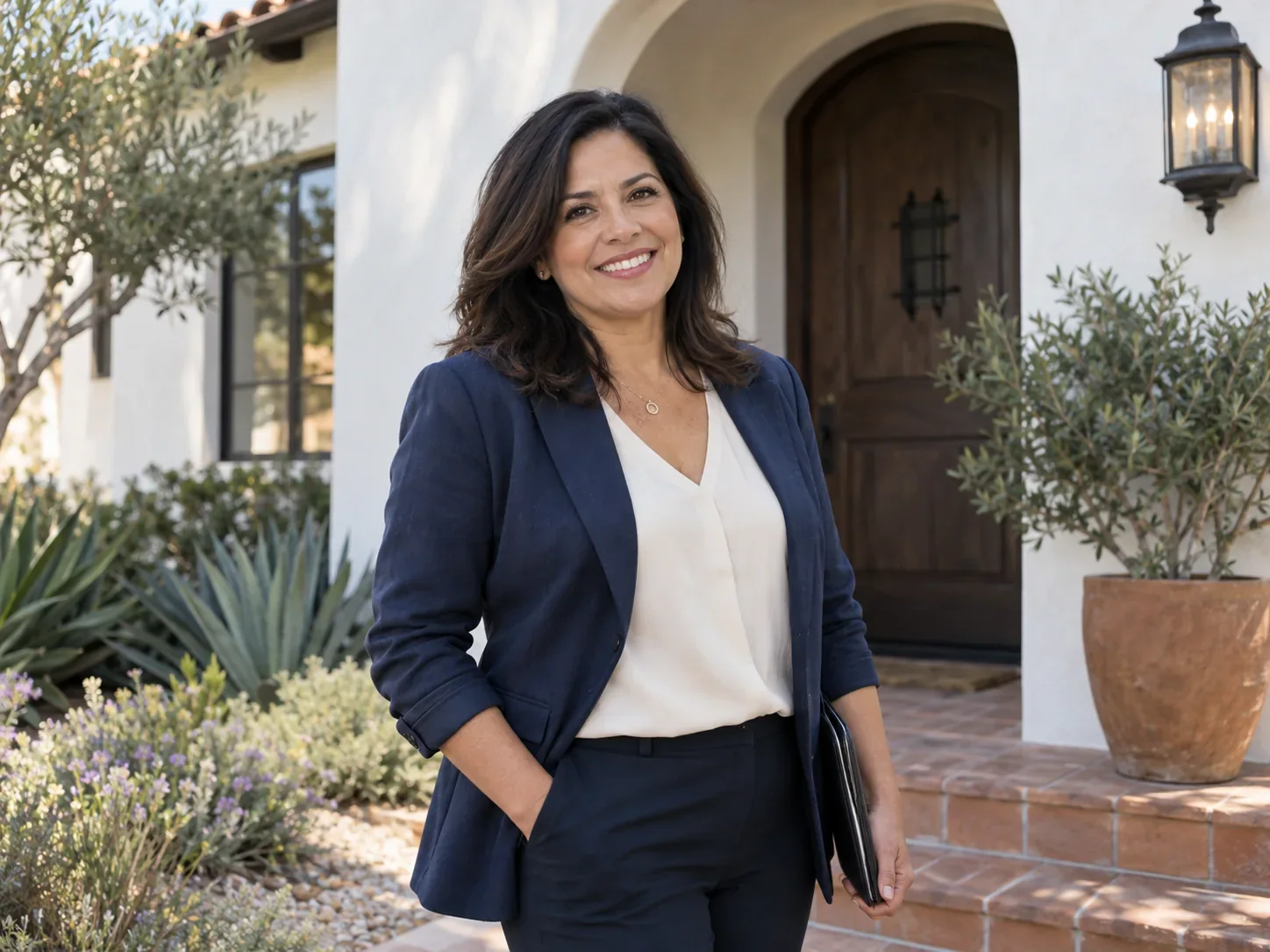 Illustrative portrait of a friendly real estate professional outside a stucco home