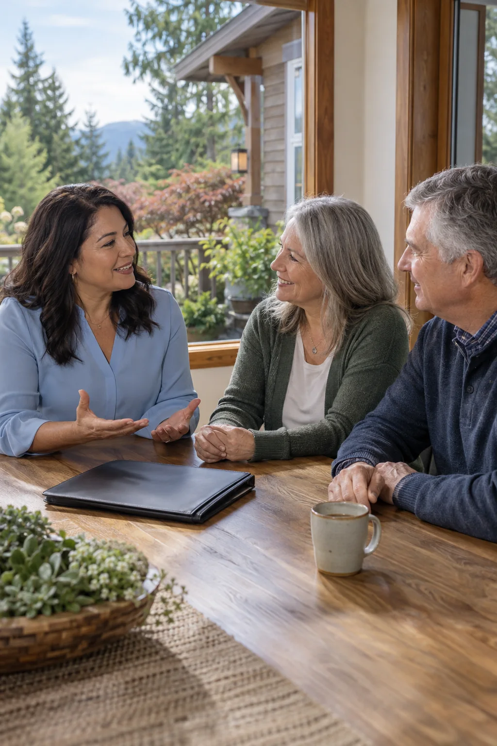 Illustrative scene of an agent discussing a home sale with homeowners