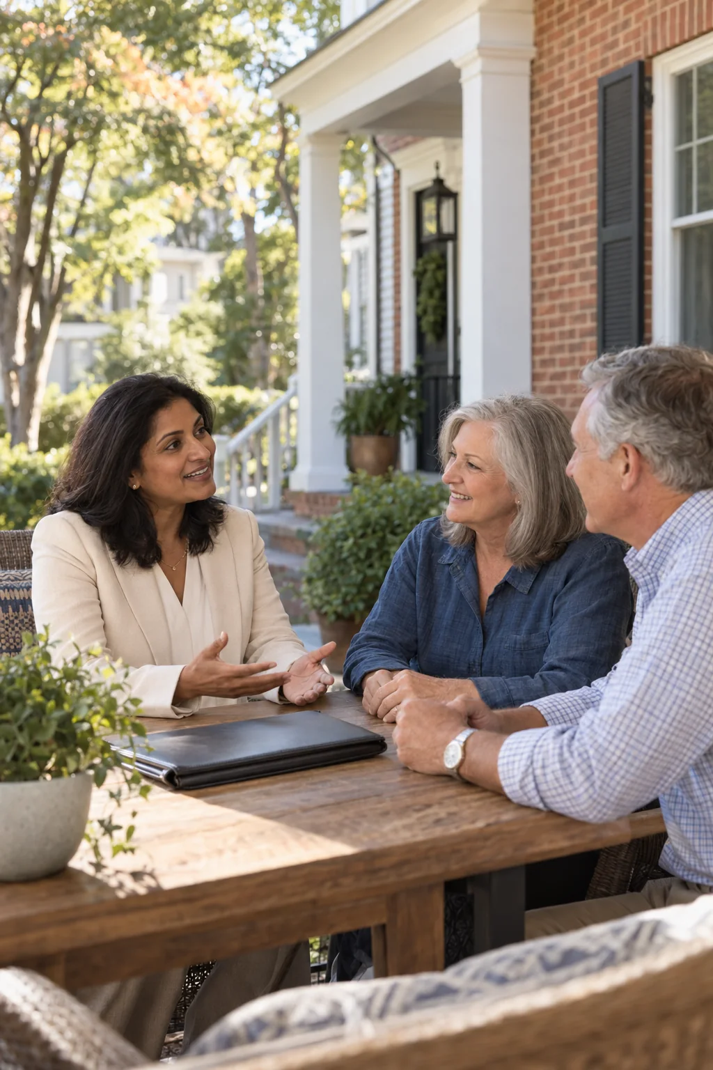 Illustrative scene of an agent discussing a home sale with homeowners