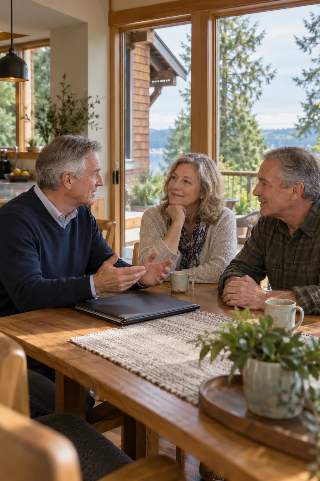 Illustrative scene of an agent discussing a home sale with homeowners