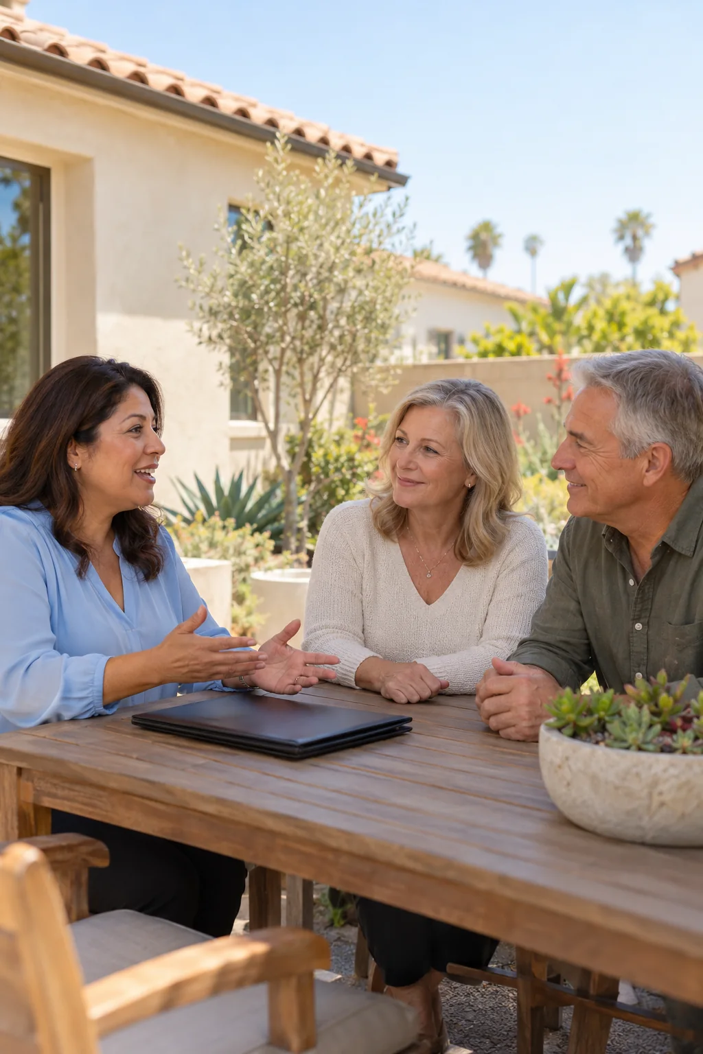 Illustrative scene of an agent discussing a home sale with homeowners