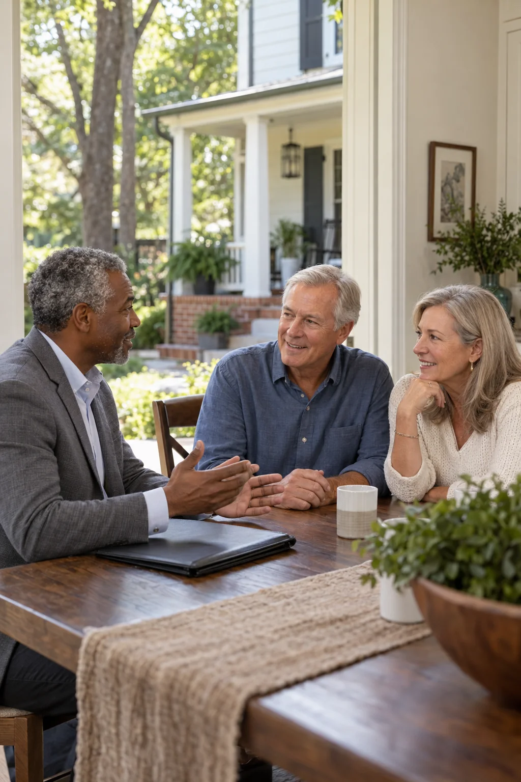 Illustrative scene of an agent discussing a home sale with homeowners