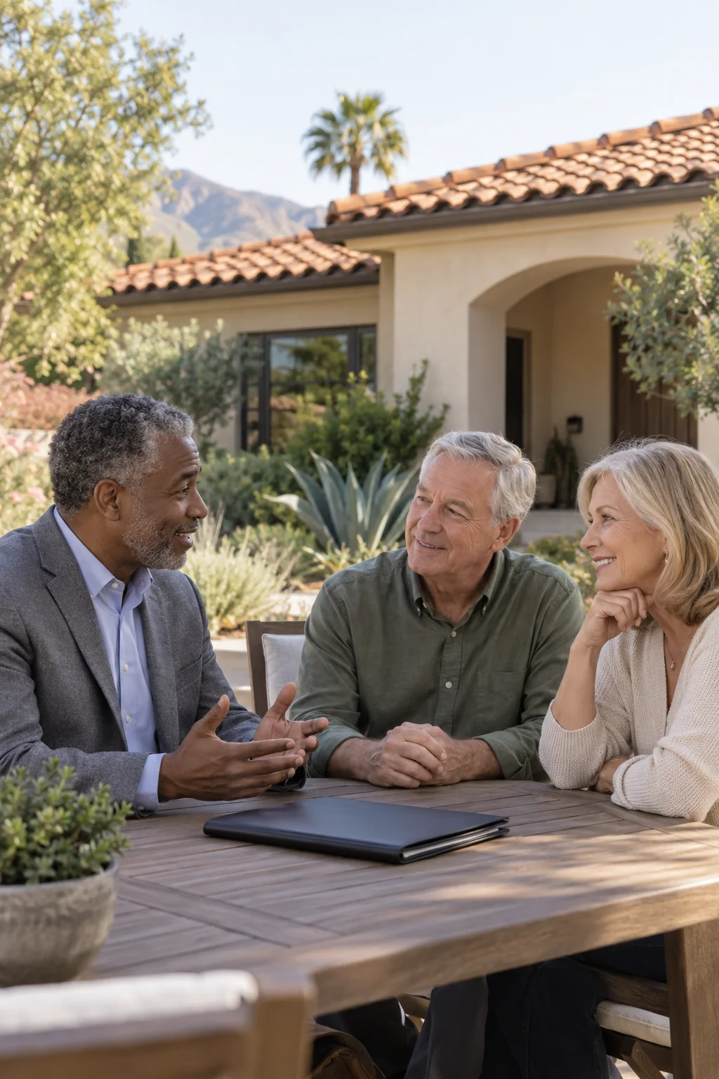 Illustrative scene of an agent discussing a home sale with homeowners