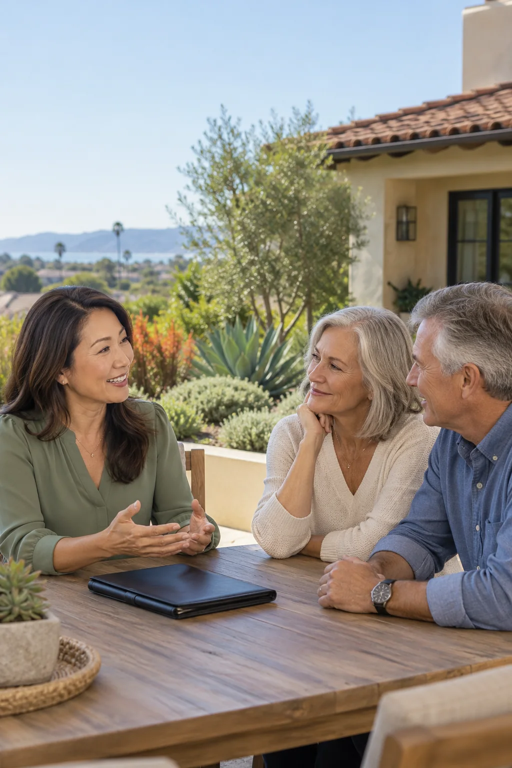 Illustrative scene of an agent discussing a home sale with homeowners