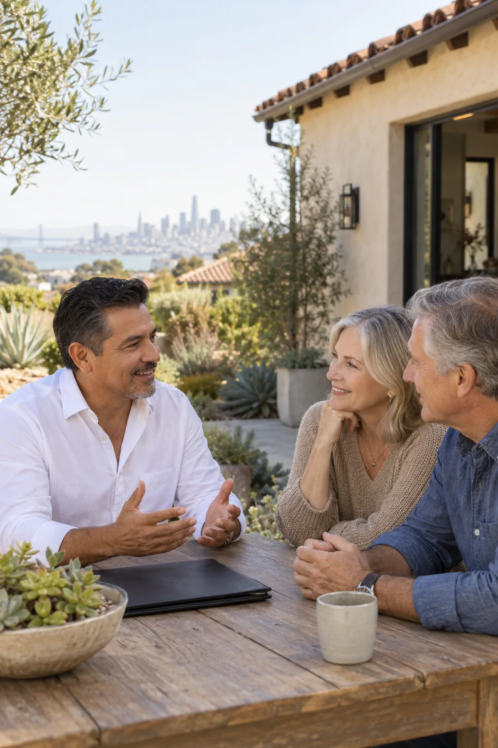 Illustrative scene of an agent discussing a home sale with homeowners