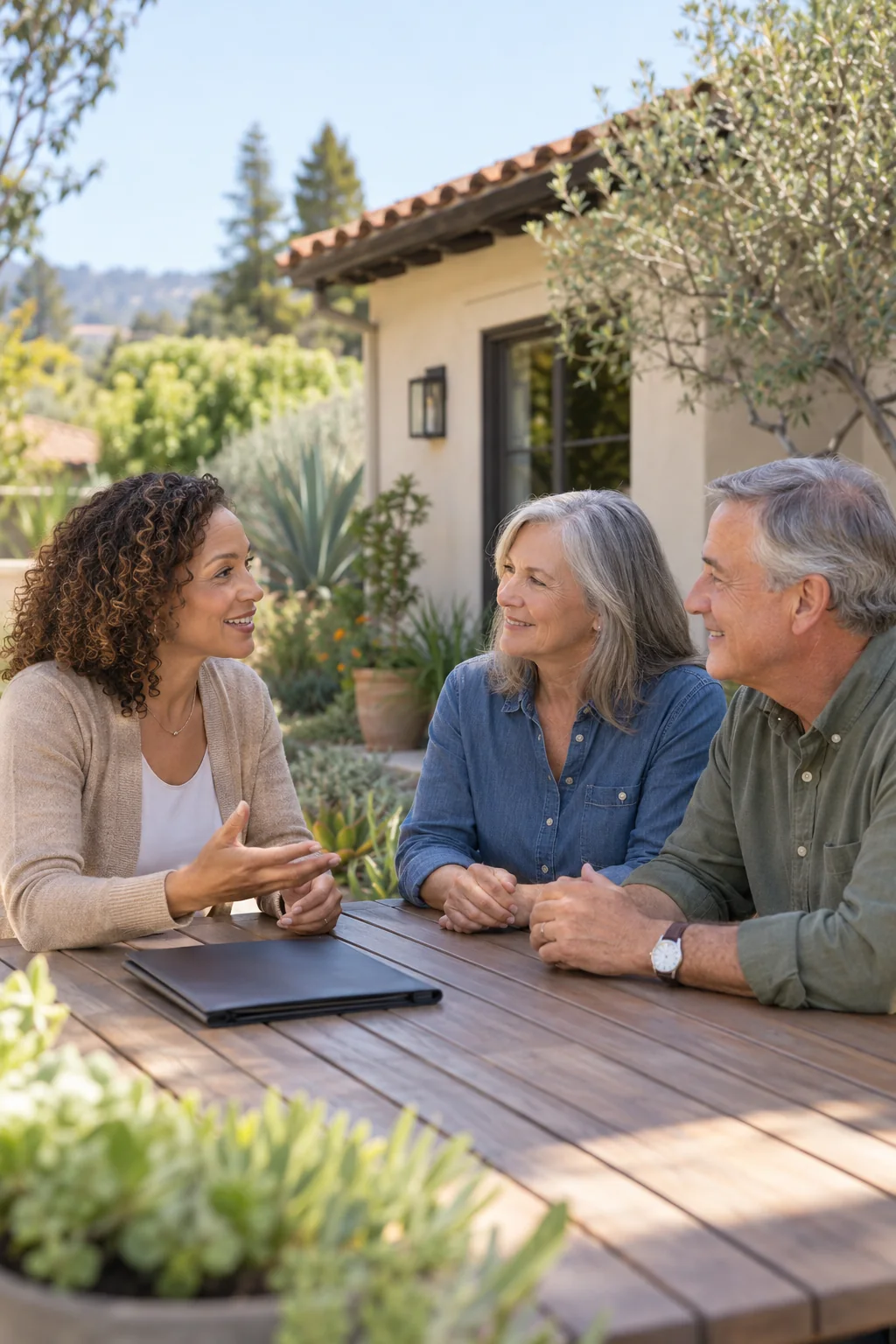 Illustrative scene of an agent discussing a home sale with homeowners