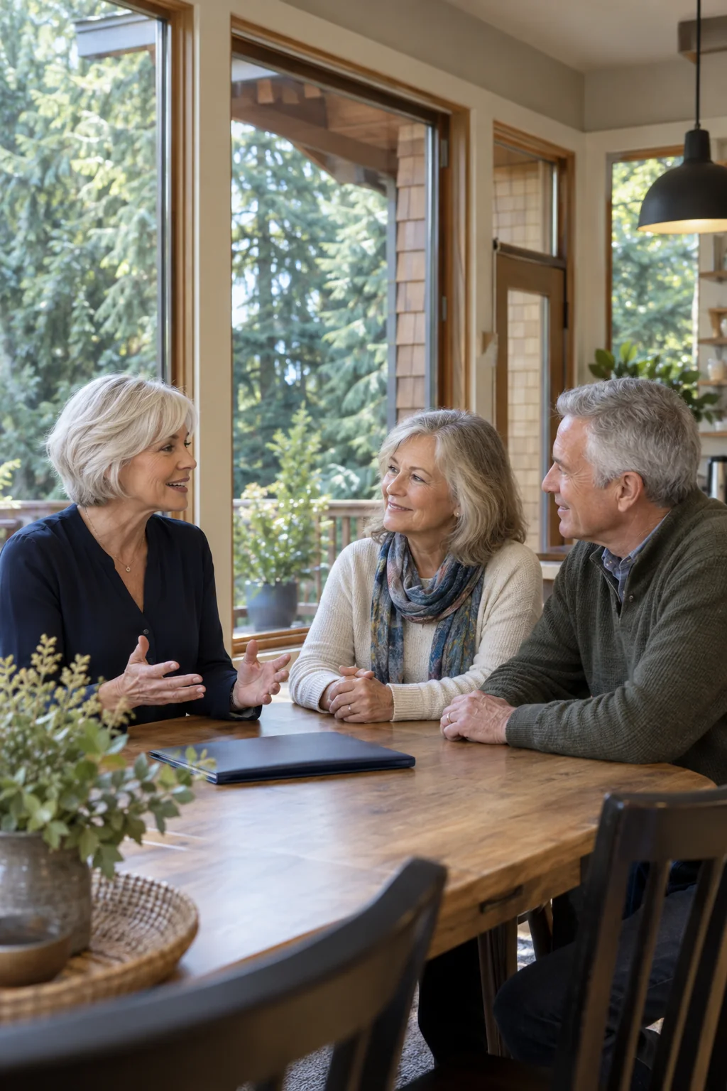 Illustrative scene of an agent discussing a home sale with homeowners