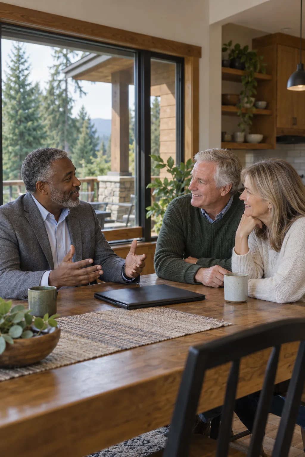 Illustrative scene of an agent discussing a home sale with homeowners
