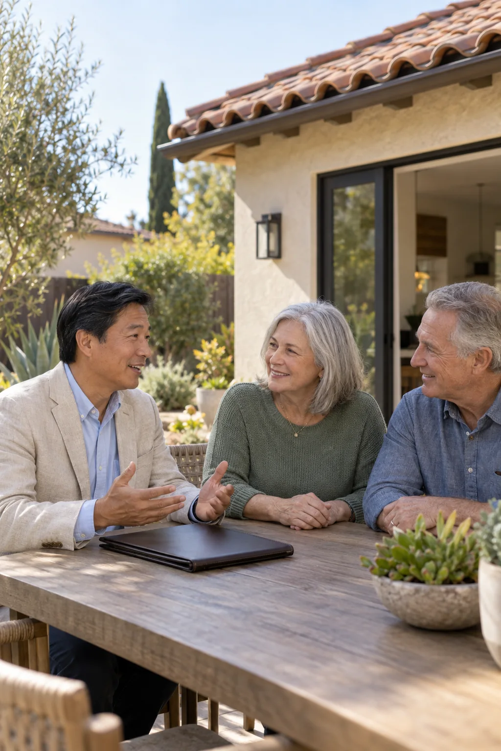 Illustrative scene of an agent discussing a home sale with homeowners