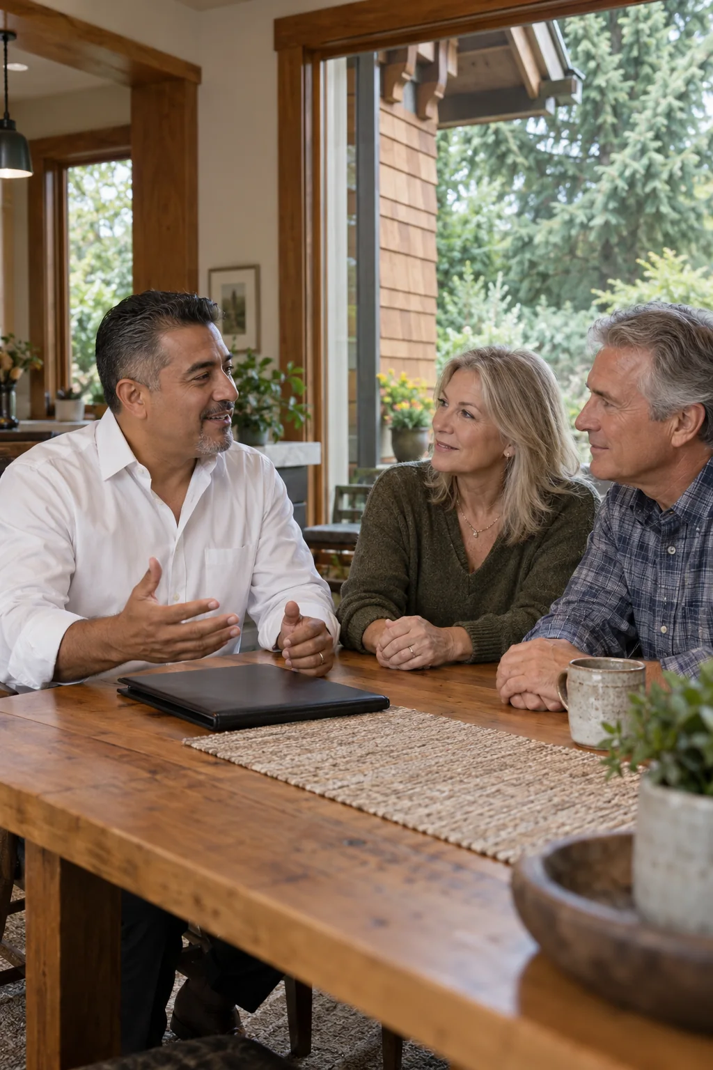 Illustrative scene of an agent discussing a home sale with homeowners