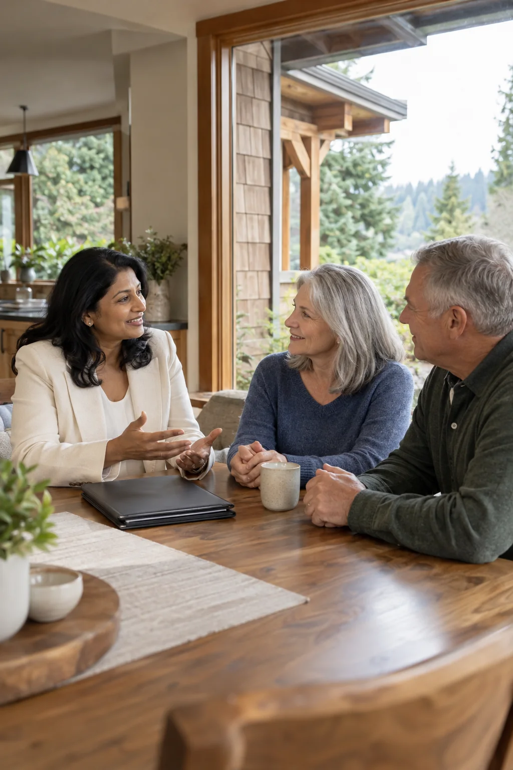 Illustrative scene of an agent discussing a home sale with homeowners