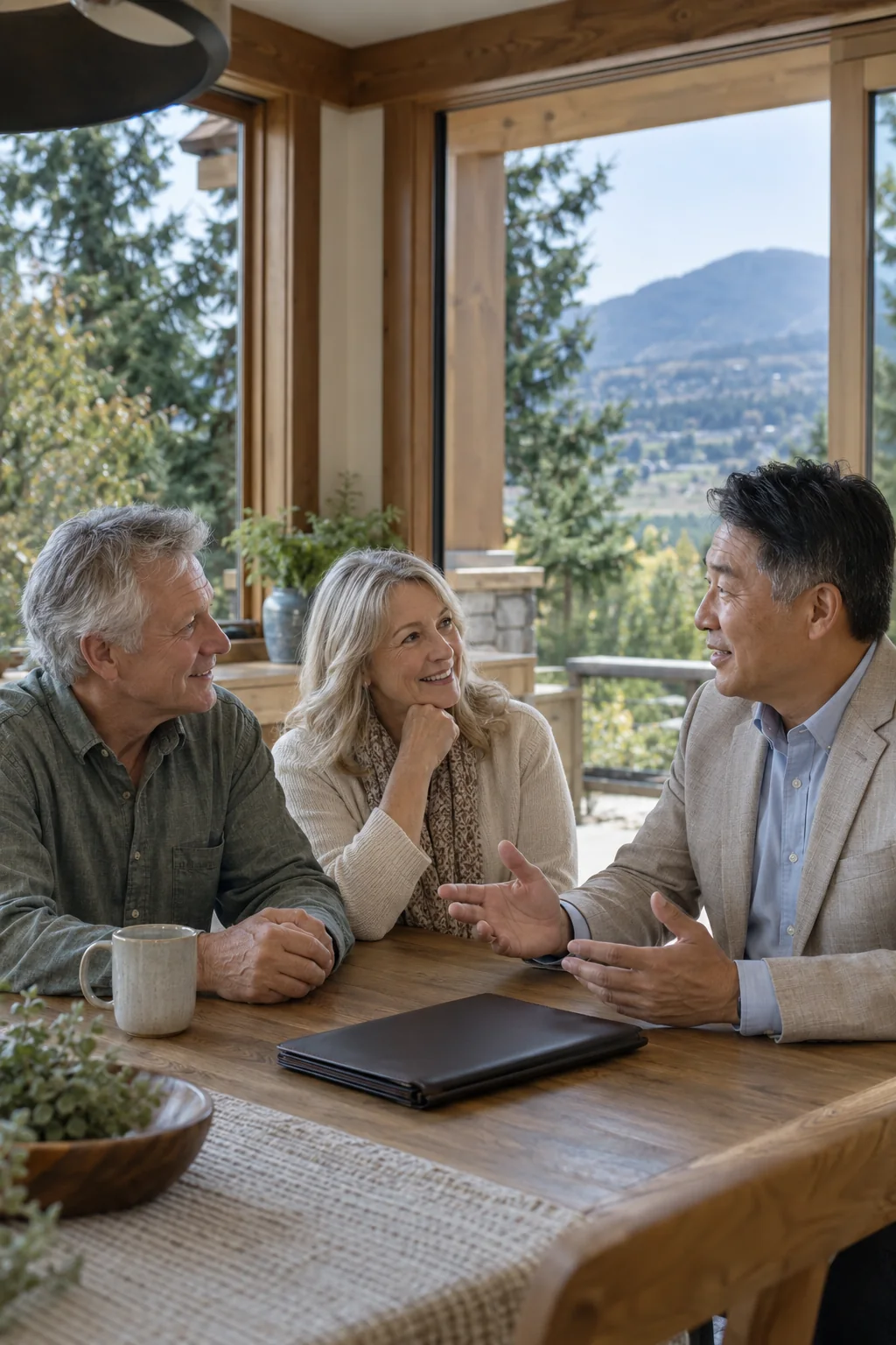 Illustrative scene of an agent discussing a home sale with homeowners
