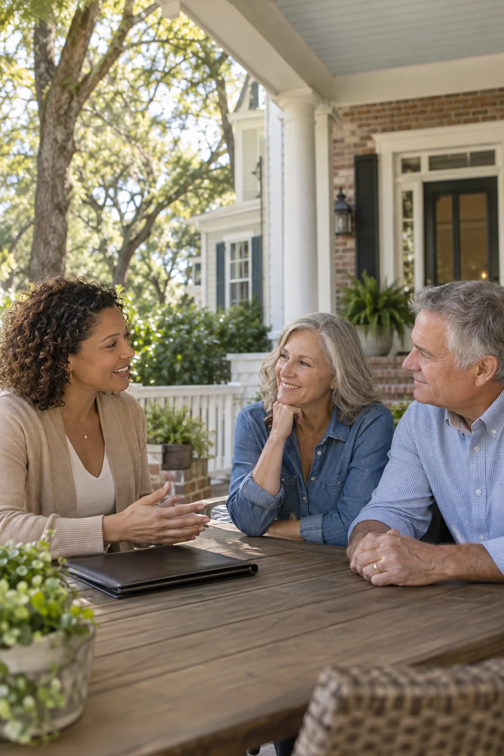 Illustrative scene of an agent discussing a home sale with homeowners