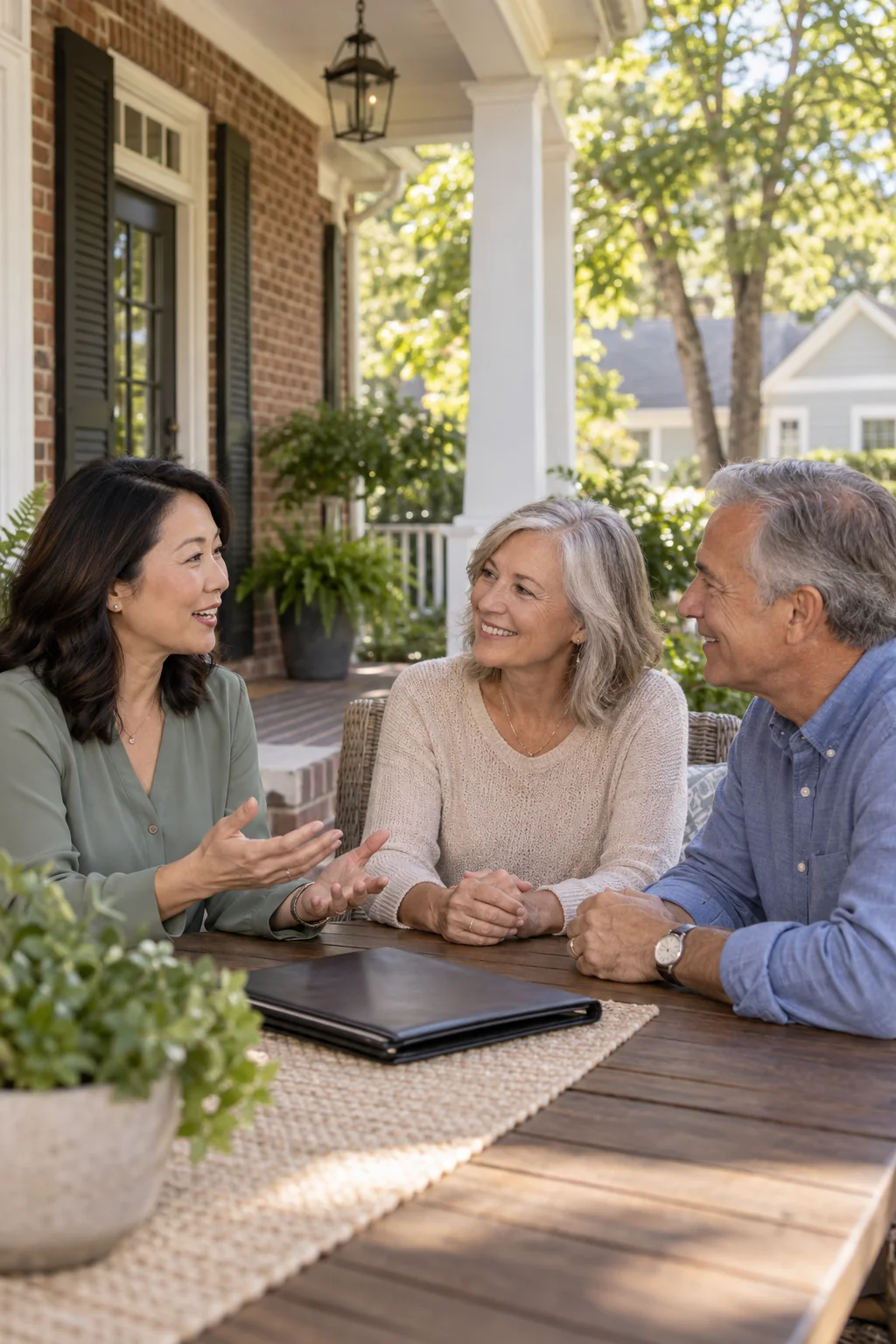 Illustrative scene of an agent discussing a home sale with homeowners