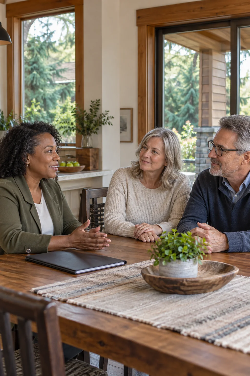 Illustrative scene of an agent discussing a home sale with homeowners