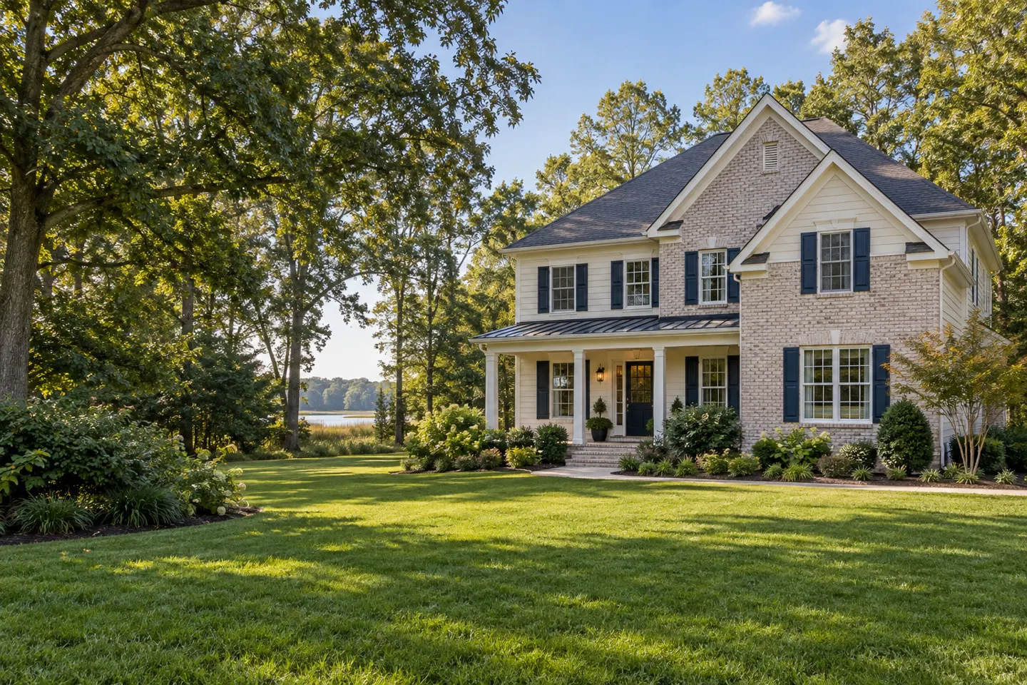 Illustrative traditional home in a flat, wooded Southern Maryland setting