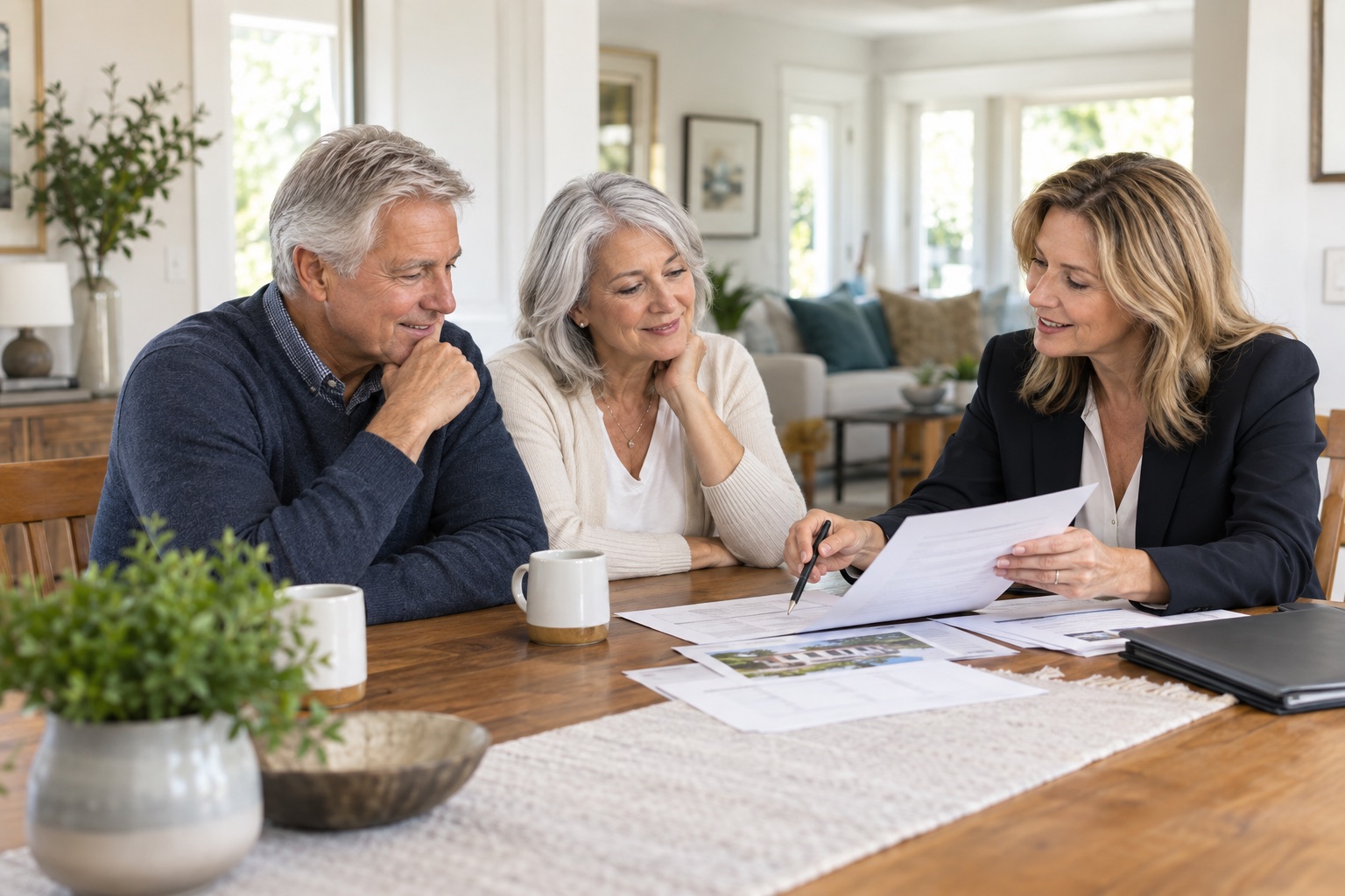 Illustrative scene of a couple discussing their home sale with an agent at their dining table.
