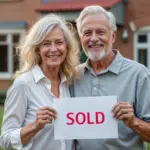 A Couple In Their Sixties Holds Up A 'Sold' Sign After Selling Their Home Successfully With A Flat Fee Real Estate Company