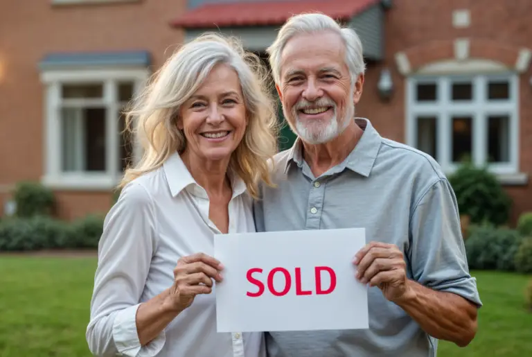 A couple in their sixties holds up a 'Sold' sign after selling their home successfully with a flat fee real estate company
