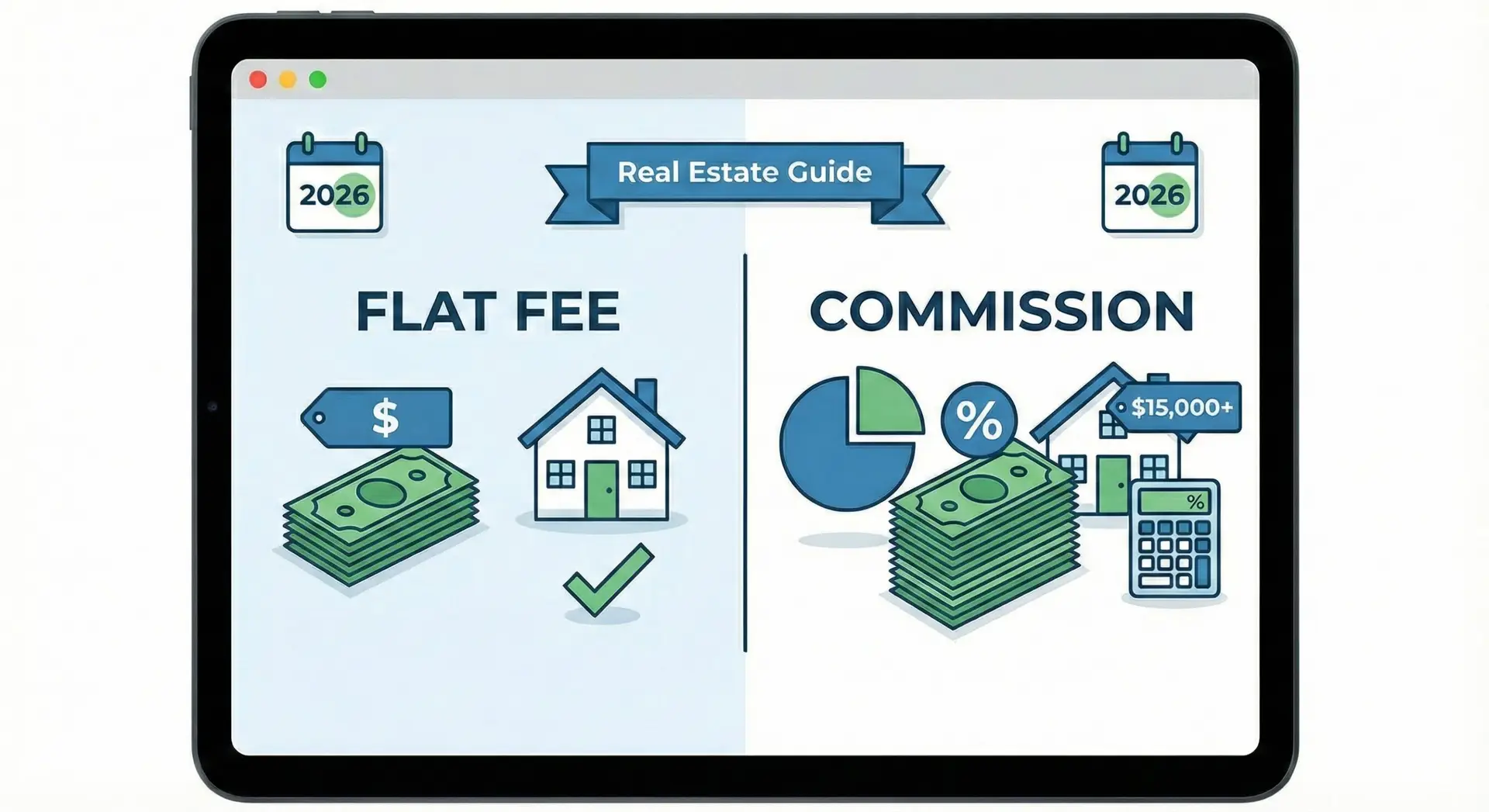 Infographic on a tablet screen comparing "Flat Fee" and "Commission" real estate costs for 2026. The left side, labeled "FLAT FEE," shows a house, a single stack of cash with a dollar sign tag, and a large green checkmark. The right side, labeled "COMMISSION," shows a pie chart, a percentage symbol, a calculator, multiple houses, a larger stack of cash with a "$15,000+" tag, and a calculator.