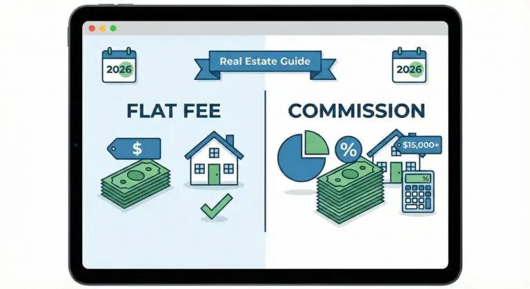 Infographic on a tablet screen comparing "Flat Fee" and "Commission" real estate costs for 2026. The left side, labeled "FLAT FEE," shows a house, a single stack of cash with a dollar sign tag, and a large green checkmark. The right side, labeled "COMMISSION," shows a pie chart, a percentage symbol, a calculator, multiple houses, a larger stack of cash with a "$15,000+" tag, and a calculator.