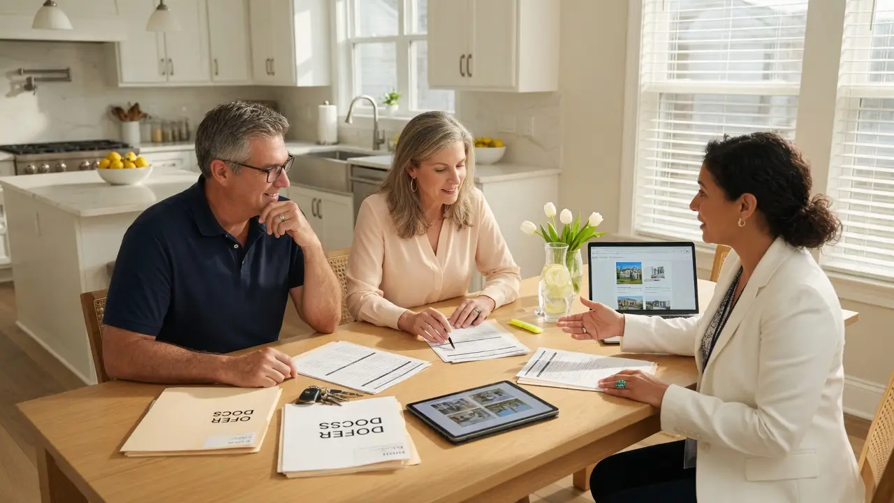 Couple discussing home sale with listing agent vs selling agent at kitchen table