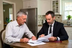 Home seller and real estate agent reviewing closing documents with seller concessions at kitchen table